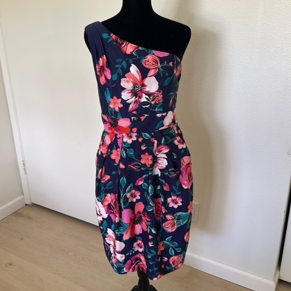One-Shoulder Navy Floral Dress with Pink Bloom Print